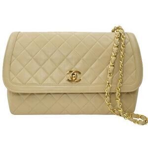 CHANEL Matelasse Single Flap Chain Shoulder Bag Coco Mark CC Beige Tan Leather